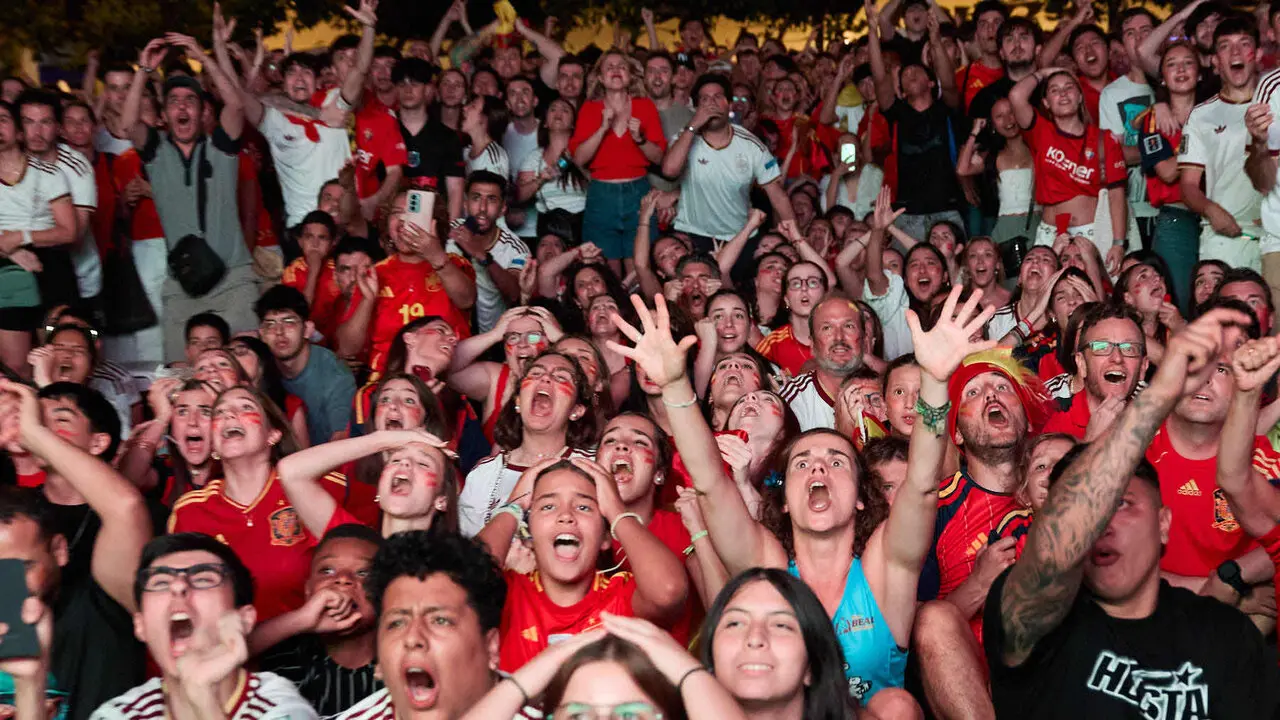 Seguimiento de la final del Mundial de f&uacute;tbol entre Espa&ntilde;a y Argentina en las pantallas gigantes instaladas en la Plaza del Castillo de Pamplona. I&Ntilde;IGO ALZUGARAY
