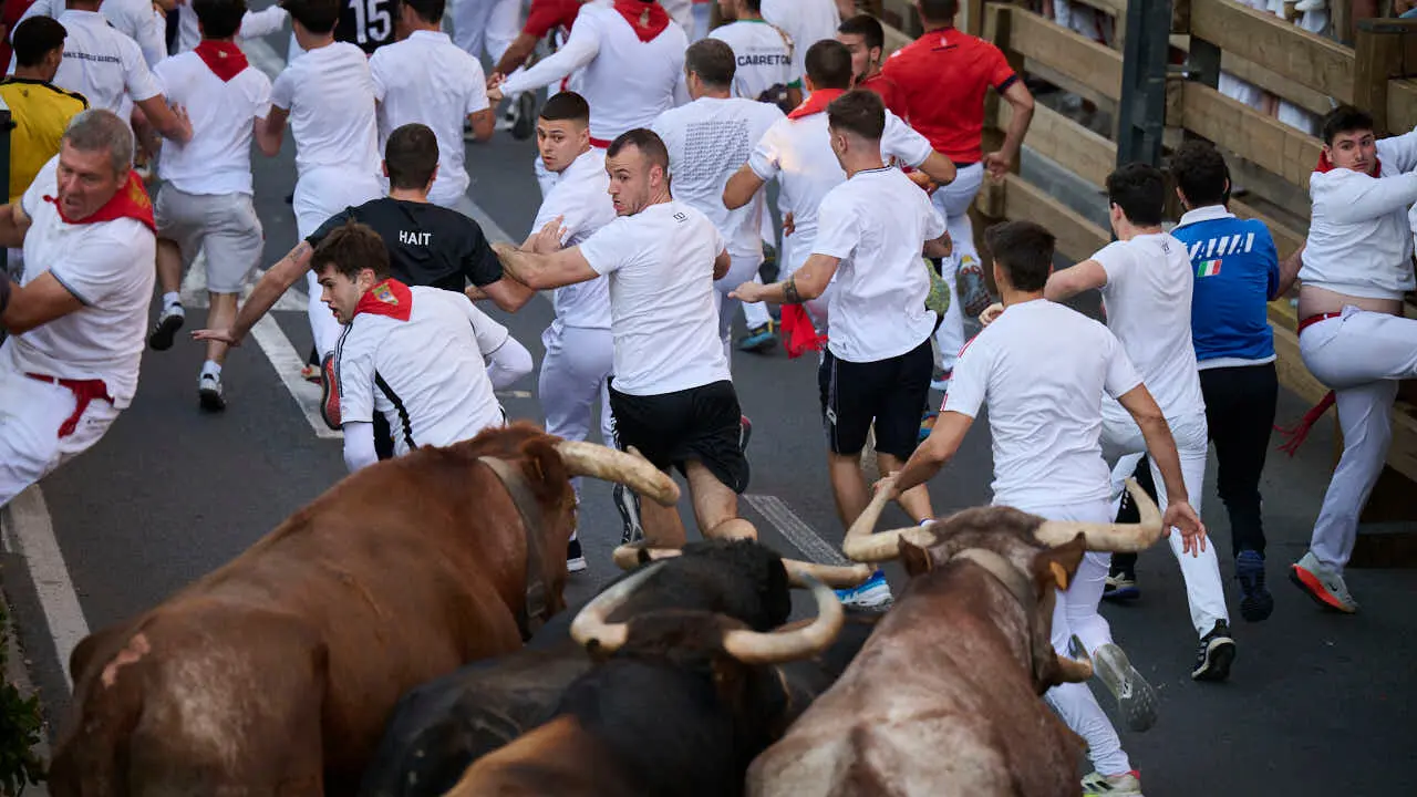 Primer encierro de fiestas de Tudela 2026 con novillos de Eulogio Mateo. PABLO LASAOSA