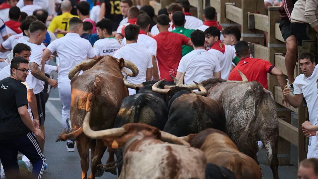 Primer encierro de fiestas de Tudela 2026 con novillos de Eulogio Mateo. PABLO LASAOSA