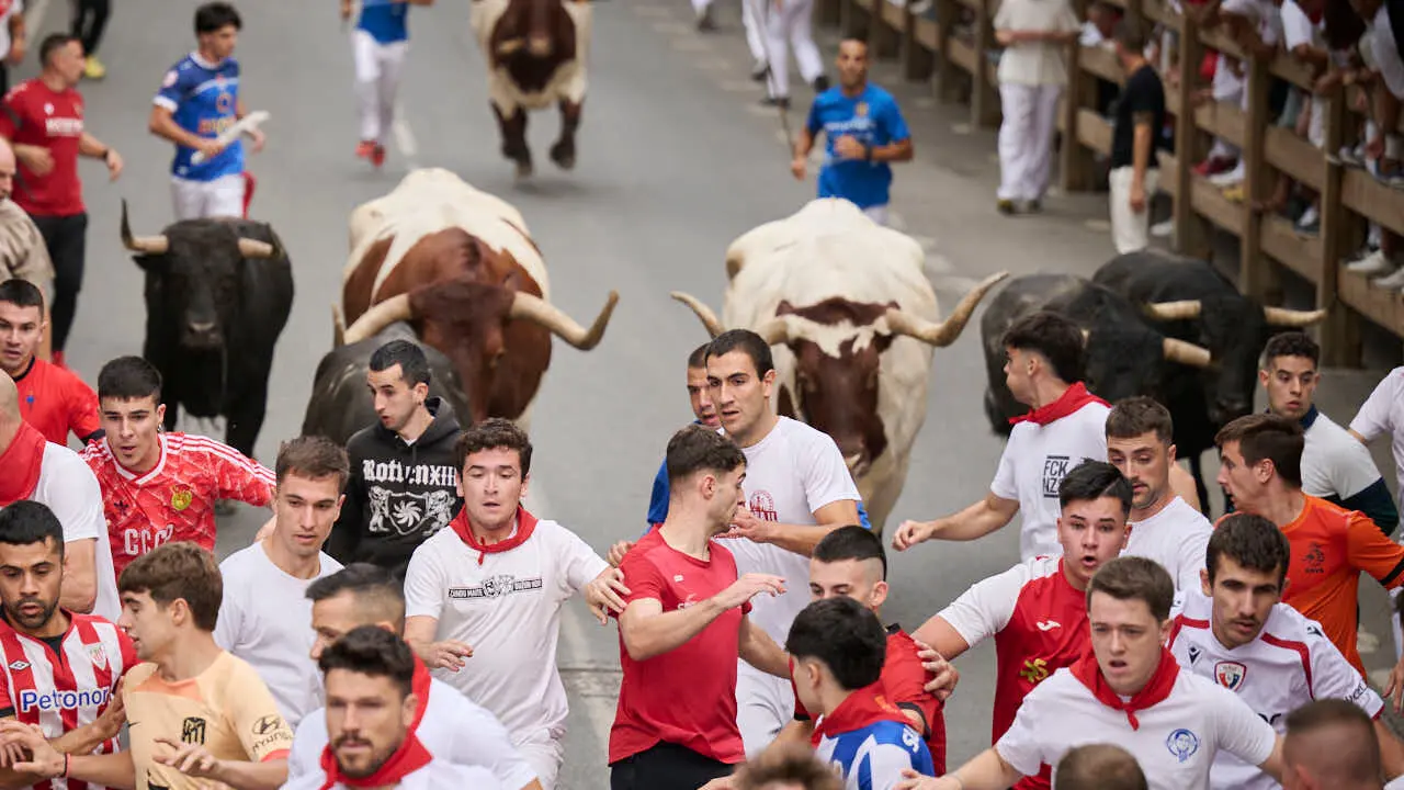Primer encierro de las fiestas de Tafalla 2026 con toros de Valdell&aacute;n. PABLO LASAOSA