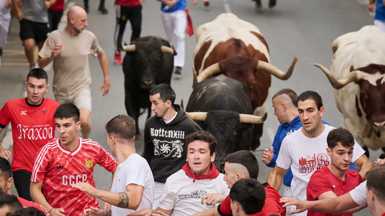 Primer encierro de las fiestas de Tafalla 2026 con toros de Valdell&aacute;n. PABLO LASAOSA