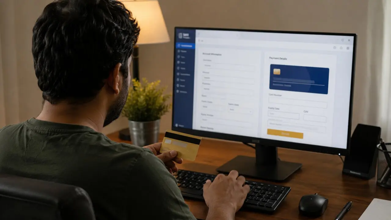 Imagen generada con Inteligencia Artificial de un hombre introduciendo los datos de una tarjeta de cr&eacute;dito en una plataforma online. CHAT GPT