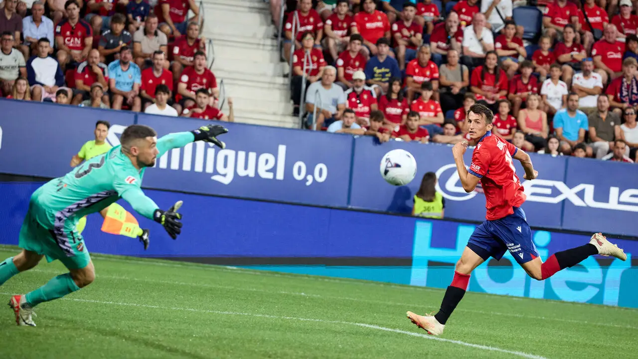 Mathew Ryan (13. Levante UD) y Ante Budimir (17. CA Osasuna) durante el partido de La Liga EA Sports entre CA Osasuna y Levante UD disputado en el estadio de El Sadar en Pamplona. I&Ntilde;IGO ALZUGARAY