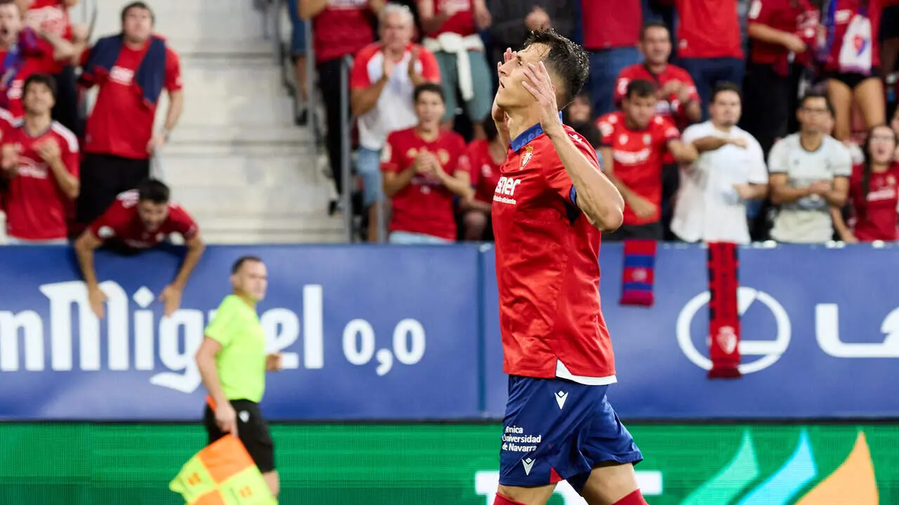 Ante Budimir (17. OSA) celebra su gol para Club Atl&eacute;tico Osasuna (2-1) durante el partido de LaLiga EA Sports entre CA Osasuna y Getafe CF disputado en el estadio de El Sadar en Pamplona. I&Ntilde;IGO ALZUGARAY