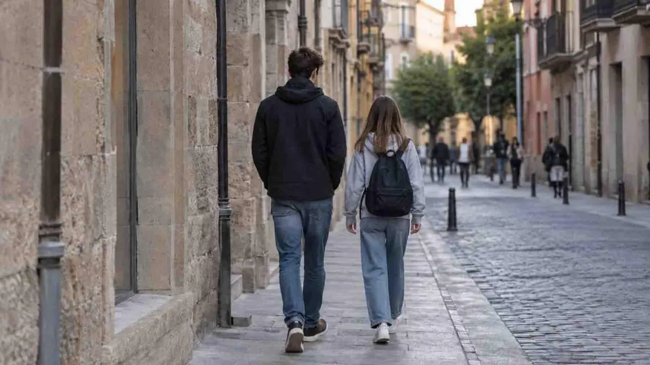 Dos j&oacute;venes caminan por una calle.