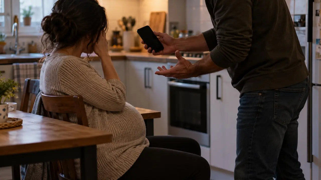 Imagen generada con Inteligencia Artificial de un hombre gritando a su mujer embarazasa. CHAT GPT
