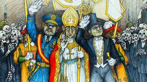 La exposición de Podemos sobre el franquismo incluye a Enrique Maya (UPN) desfilando entre cadáveres