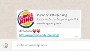 Un falso cupón de 50 euros para Burger King se propaga por WhatsApp