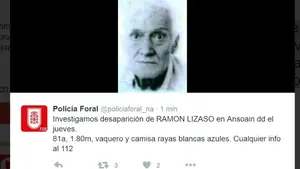 La Policía Foral califica de "alto riesgo" la desaparición de un vecino de Ansoáin de 81 años con paradero desconocido desde el jueves