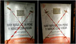 Atacan marquesinas de Pamplona y Vitoria para protestar por la campaña 'Hay niñas con pene y niños con vulva'