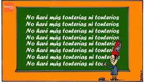 Viñeta: "Barkos ordena cambiar el texto de un monolito de piedra para poner "reyes y reinas"