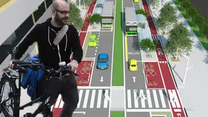Armando Cuenca muestra su diseño para colapsar el tráfico de la calle Sadar de Pamplona y dar más espacio a sus bicicletas