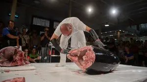 El Mercado de Santo Domingo sorprende a sus clientes con un "ronqueo de atún rojo": así se corta el "chuletón" del mar