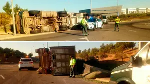 Kilos de judías verdes por la autovía en Tudela: un camión vuelca sin dejar heridos tras perder el control y su carga