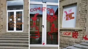 Escándalo en Sangüesa: el instituto público amanece cubierto de pintadas, insultos y mensajes obscenos