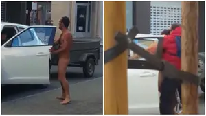 Un hombre desnudo irrumpe entre el tráfico del centro de Tudela y aporrea y destroza varios vehículos