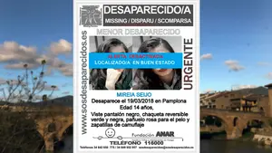 Localizada en Navarra: hallan en buen estado a la menor de 14 años desaparecida hace un mes en Pamplona
