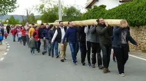 Traslado y alzado del "mayo" en el frontón de Murieta por los vecinos del pueblo