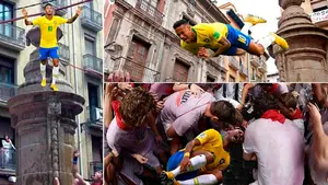 De Rusia a Pamplona: Neymar salta de los terrenos de juego a la fuente de Navarrer&iacute;a por Sanfermines