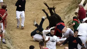 Peligroso y veloz Pilón de Falces: una vaca cae con violencia sobre varios corredores en mitad del recorrido