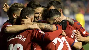 Los jugadores de Osasuna celebran la victoria conseguida ante la UD Almería (0-1), tercera a domicilio