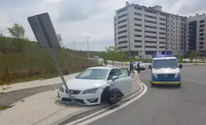 Contra un &aacute;rbol y una se&ntilde;al: un coche con los neum&aacute;ticos totalmente lisos se sale de la v&iacute;a en Lezkairu