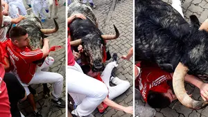 Acorralado por 'Hornachuelo': un mozo vive su peor momento en la bajada al callejón de este segundo encierro