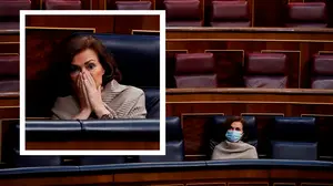 Carmen Calvo, tapada durante el debate tras regresar al Congreso sin contar con el alta m&eacute;dica del Covid-19