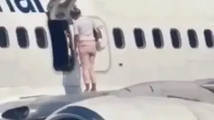 Abre la puerta de emergencia de un avión y se pone a caminar por el ala quejandose de que "tenía calor"