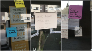 Llenan de mensajes cariñosos el escaparate del local de fotografía destrozado en Zizur Mayor