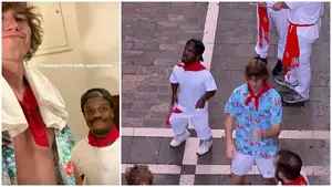 La escena más curiosa de San Fermín: la peculiar pareja que ha corrido el encierro