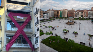 El gran lazo de color fucsia que ha aparecido en una fachada de la plaza del Castillo