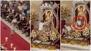 Entra corriendo en una iglesia con un niño a hombros y lo deja junto a la virgen