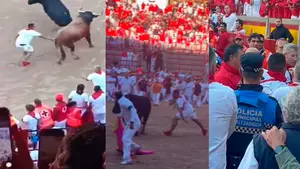 La policía echa de la plaza de toros a un mozo que ha golpeado a los astados en el encierro