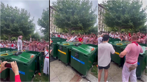 Un baño de basura en plena Plaza del Castillo: el vídeo viral de San Fermín