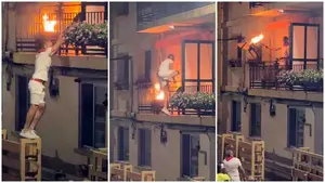 V&Iacute;DEO | Nuevo susto en No&aacute;in: el toro de fuego provoca un incendio en el balc&oacute;n de un primer piso