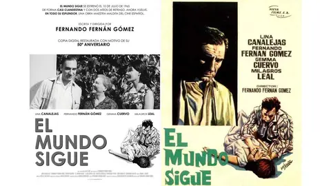 Portada de la película El Mundo sigue igual, la original y la del 50 aniversario.