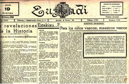 Portada del periódico Euzkadi del 19-07-1936 con la nota del PNV