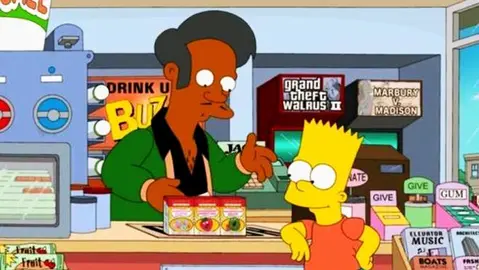 El tendero Apu atiende a Bart Simpson en un cap&iacute;tulo de la serie de animaci&oacute;n