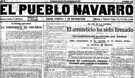 Portada del Pueblo Navarro del 12 de noviembre de 1918 con la noticia de la firma del Armisticio del día anterior. 