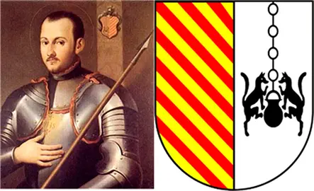 Íñigo López de Loyola con armadura y el escudo de los Oñaz-Loyola con las siete bandas coloradas y el caldero con los dos lobos. 