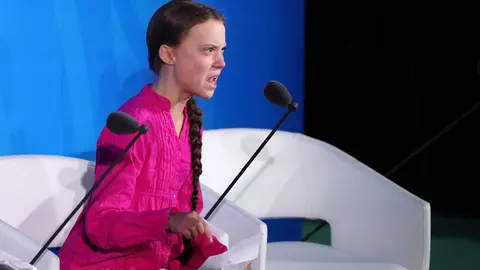 La activista sueca Greta Thunberg, durante la Cumbre de Acci&oacute;n Clim&aacute;tica en Nueva York. EL ESPA&Ntilde;OL