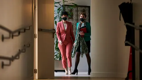 La presidenta del Gobierno de Navarra, María Chivite, preside la II Conferencia Económica del Plan Reactivar Navarra. PABLO LASAOSA