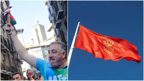 Joseba Asirón corre por Pamplona con una ikurriña. A la derecha, la bandera de Navarra de la plaza de los Fueros.