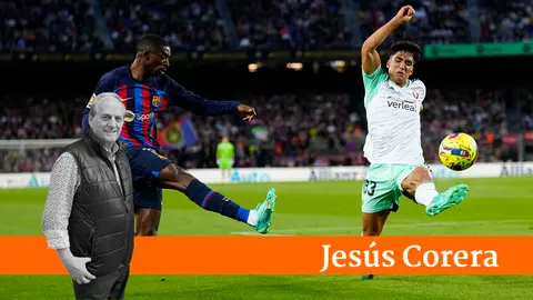 BARCELONA 02/05/2023.- El atacante franc&eacute;s del FC Barcelona, Ousmane Demb&eacute;l&eacute; (i) disputa una posesi&oacute;n con Iker Benito, delantero del CA Osasuna (d) durante el partido correspondiente a la jornada 33 de LaLiga Santander que disputan FC Barcelona y CA Osasuna este martes en el Spotify Camp Nou de la Ciudad Condal. EFE/ Enric Fontcuberta.
