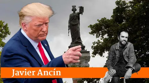 Fotomontaje de Donald Trump ante el monumento a los Fueros del Paseo Sarasate de Pamplona.