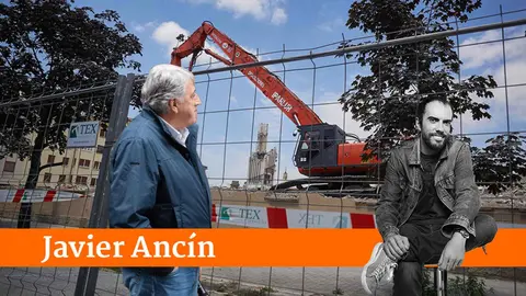 Fotomontaje de Joseba Asirón sobre una imagen de unas obras en Pamplona.