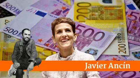fotomontaje de María Chivite sobre un fondo de billetes de euro.