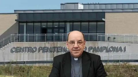 Fotomontaje del Arzobispo de Pamplona y obispo de Tudela, Florencio Roselló, sobre una imagen de la cárcel de Pamplona.