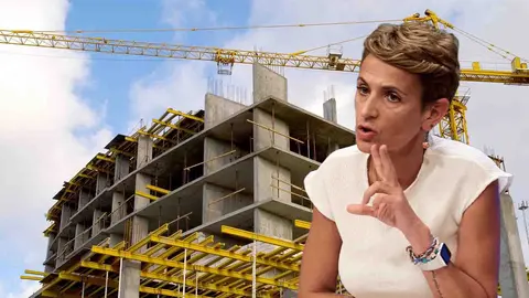 Fotomontaje con una imagen de la presidenta de Navarra, Mar&iacute;a Chivite, sobre la vista de una vivienda en construcci&oacute;n. NAVARRA.COM